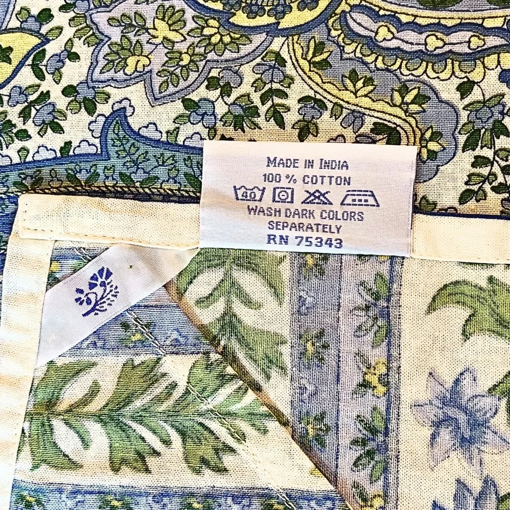 Huge 116x56 Extra Long Blue Yellow White Paisley Floral Cotton Tablecloth - XL